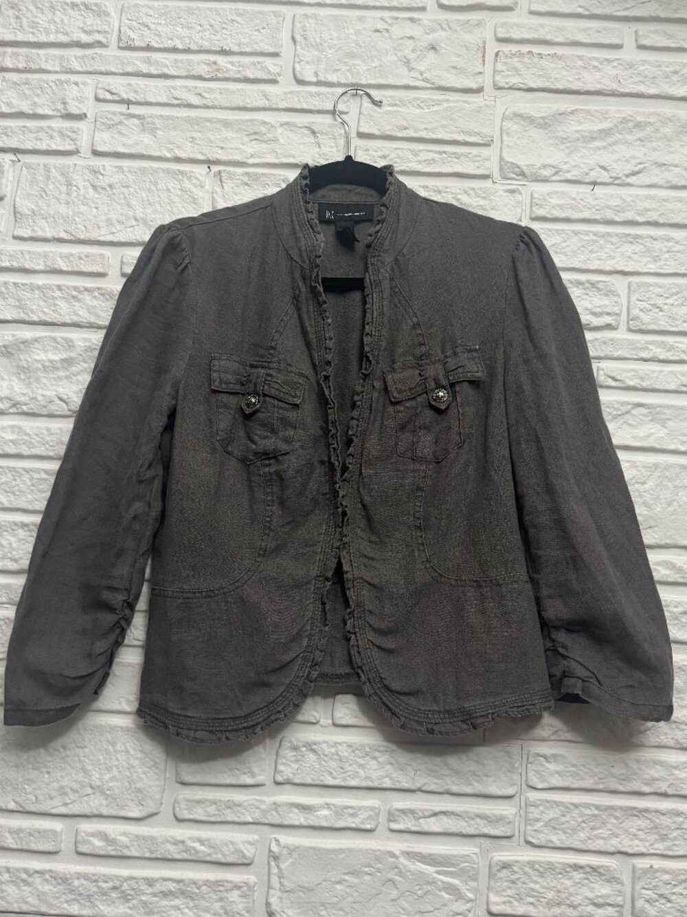INC International Concepts Gray Linen Ruffle Utility Jacket Blazer Military S